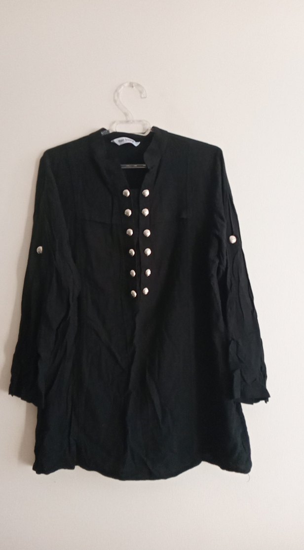 Düğmeli Siyah Keten Uzun Kollu Gömlek - Görsel 2