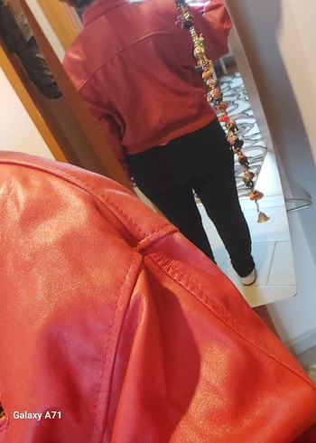 Unisex Kırmızı Deri Mini Ceket - Görsel 4