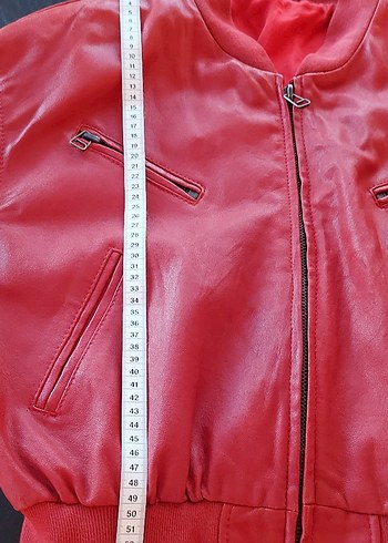 Unisex Kırmızı Deri Mini Ceket - Görsel 7