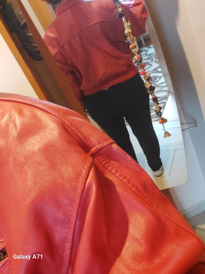 Unisex Kırmızı Deri Mini Ceket - Görsel 4