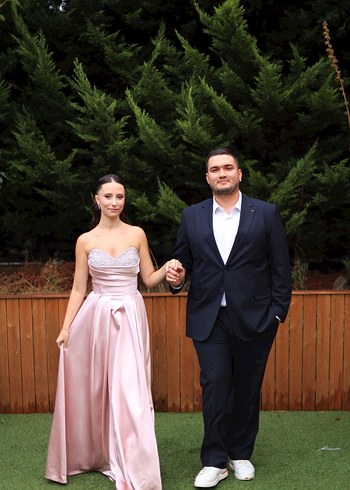 Toz pembe göğüs kısmı taşlı abiye - Görsel 3