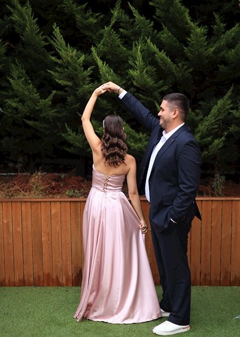 Toz pembe göğüs kısmı taşlı abiye - Görsel 4