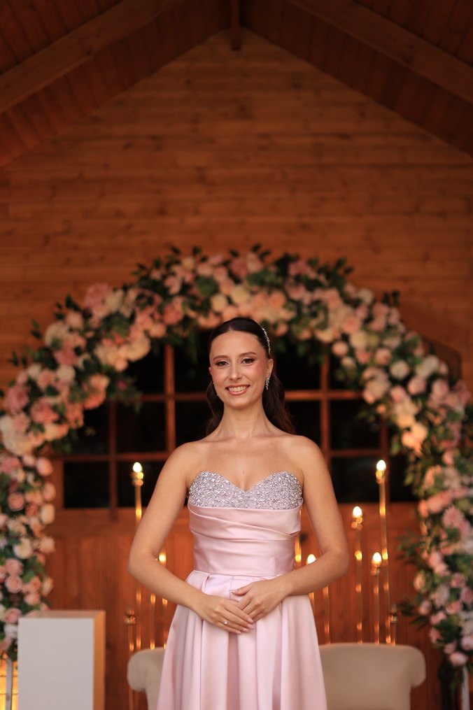 Toz pembe göğüs kısmı taşlı abiye - Görsel 5