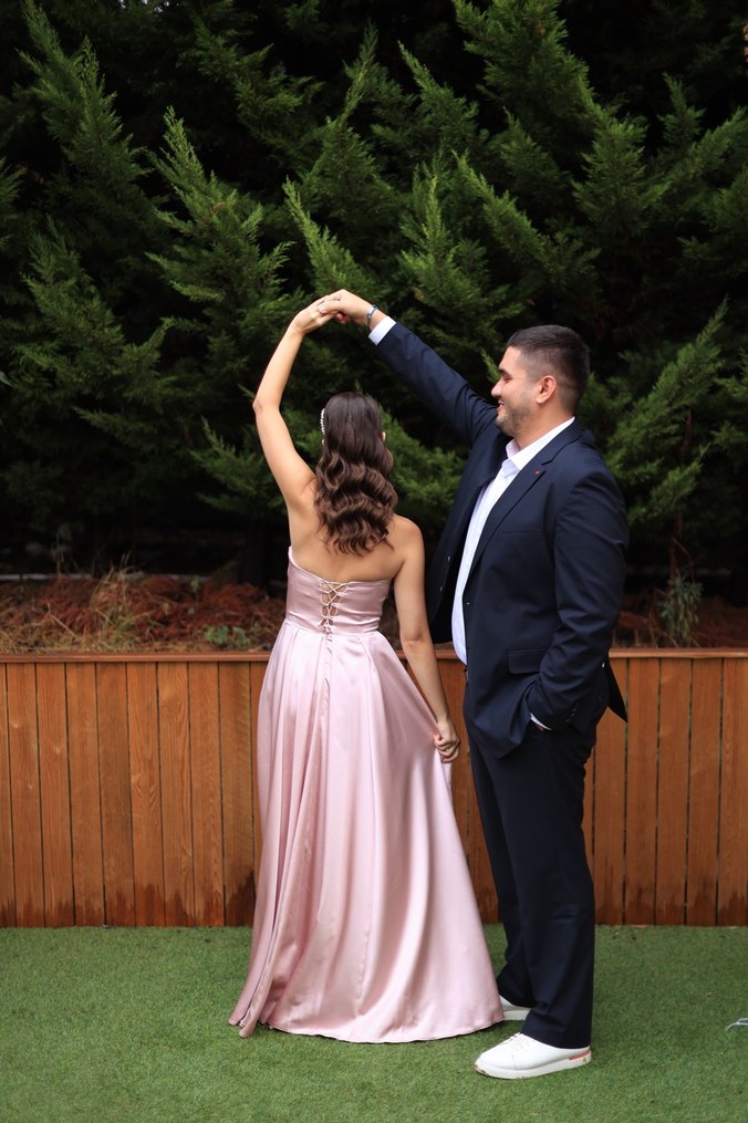 Toz pembe göğüs kısmı taşlı abiye - Görsel 4