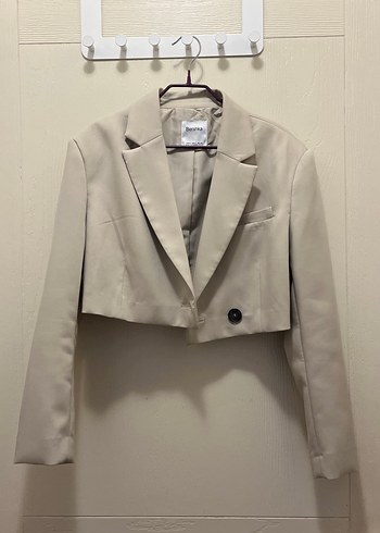 Bershka bej crop blazer ceket - Görsel 5