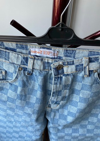 32 Beden Mavi Kareli Denim Pantolon