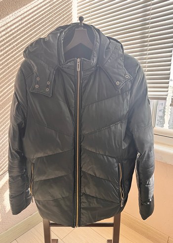 AVVA Erkek Siyah Deri Şişme Kapüşonlu Mont - Görsel 2