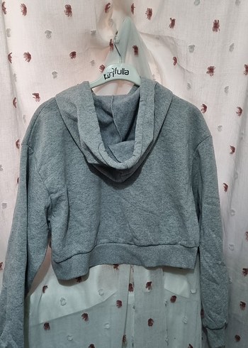 Gri Kapüşonlu crop Sweatshirt - Görsel 2