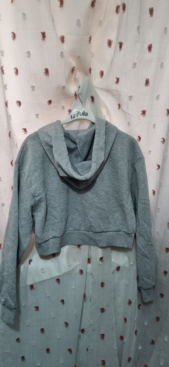 Gri Kapüşonlu crop Sweatshirt - Görsel 2