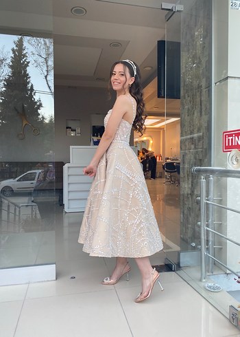 s Beden İnci İşlemeli Bej Midi A-Line söz nişan elbisesi
