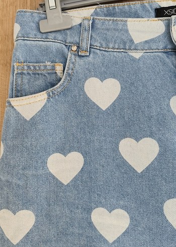 40 Beden mavi Renk Mavi Kalp Baskılı Bol Kesim Midi Denim Pantolon