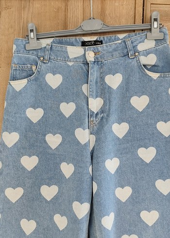 40 Beden Mavi Kalp Baskılı Bol Kesim Midi Denim Pantolon