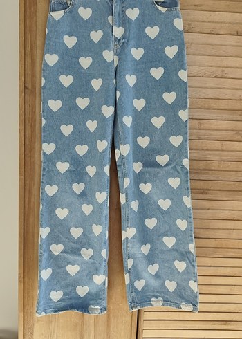 Mavi Kalp Baskılı Bol Kesim Midi Denim Pantolon
