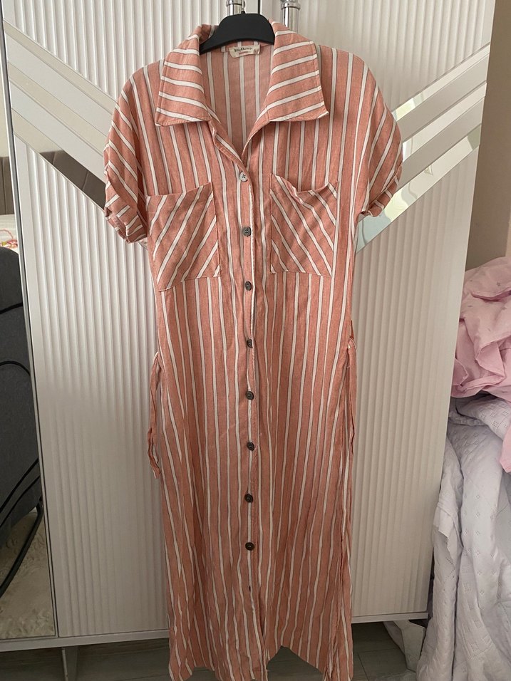 Bej Çizgili Bohem Uzun Elbise - Görsel 2