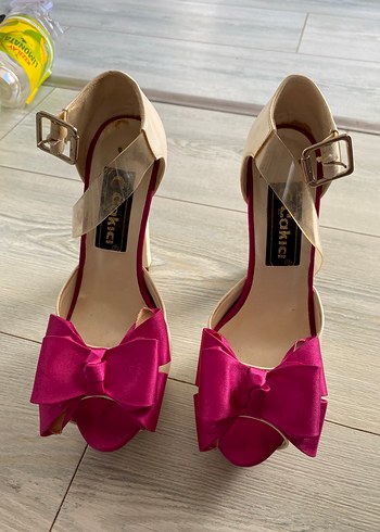 Pembe Fiyonklu Yüksek Topuklu Kadın Abiye Ayakkabı - Görsel 3