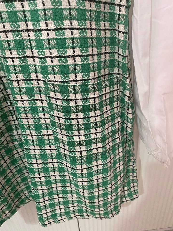 Yeşil Kareli  Uzun Kollu Elbise - Görsel 3