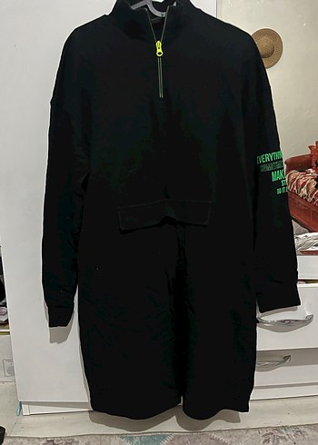 Yarım Fermuarlı Siyah Kadın Sweatshirt tunik - Görsel 3