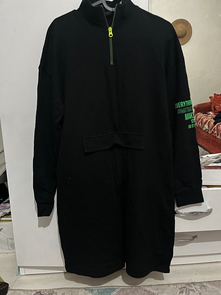 Yarım Fermuarlı Siyah Kadın Sweatshirt tunik - Görsel 3