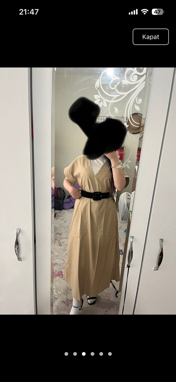 Bej V Yaka Salaş Uzun Elbise jile - Görsel 2