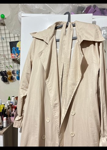 Bej Keten uzun Kadın Trençkot - Görsel 2