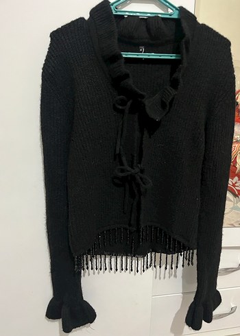 Crop taşlı siyah triko kazak - Görsel 4