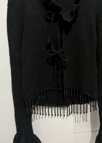 Crop taşlı siyah triko kazak - Görsel 5