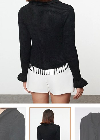 Crop taşlı siyah triko kazak - Görsel 3