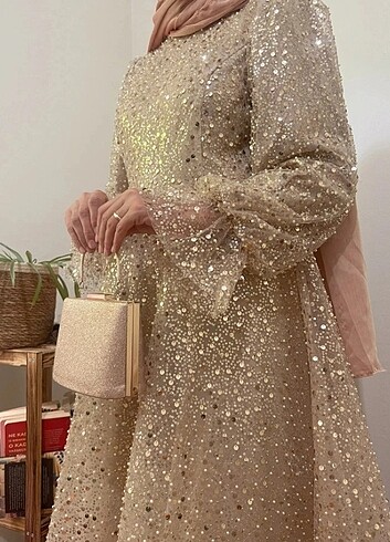 Açık Gold Eva Pul Payet prenses tesettür abiye elbise 