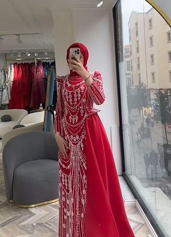 Tasarımcı Kırmızı Ruby model tesettür abiye elbise 