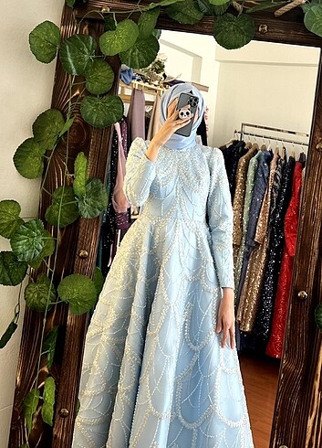 Tasarımcı Bebe mavisi opal model tesettür abiye elbise 