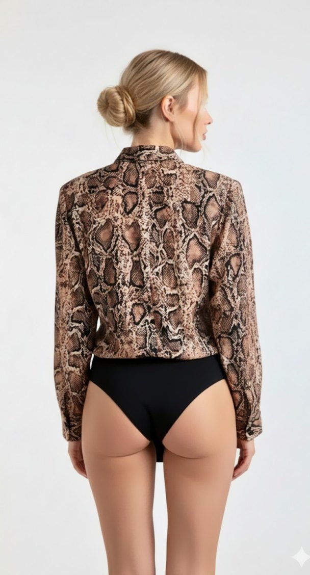 Yılan Desenli Kruvaze Bady Suit - Görsel 2