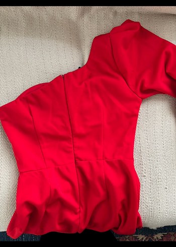 Kırmızı Kadın Fermuarlı Uzun tek kol elbise - Görsel 5