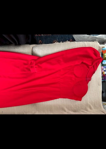 Kırmızı Kadın Fermuarlı Uzun tek kol elbise - Görsel 3