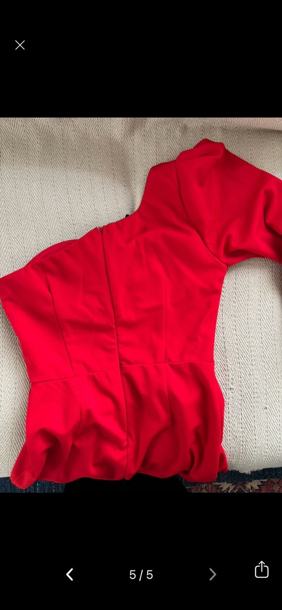 Kırmızı Kadın Fermuarlı Uzun tek kol elbise - Görsel 5