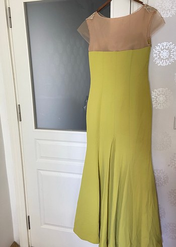 Diğer Pastel Sarı Dantel İşlemeli Uzun Abiye Elbise