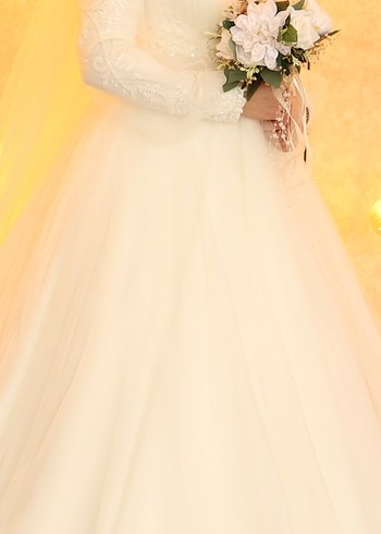 Uzun Kollu İşlemeli A Kesim Helen Beyaz Gelinlik - Görsel 5