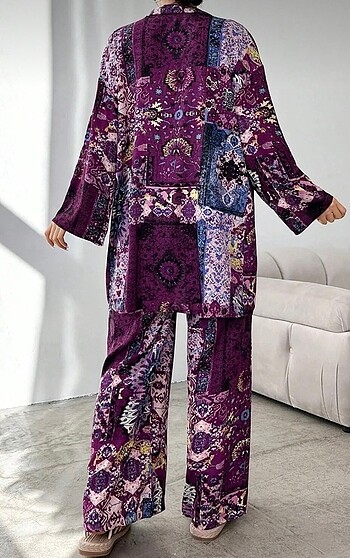 universal Beden mor Renk Kadın kilim desen mor kimono alt üst takım standart beden