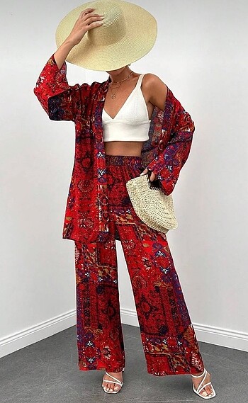 Kasım kilim desen kırmızı kimono alt üst takım