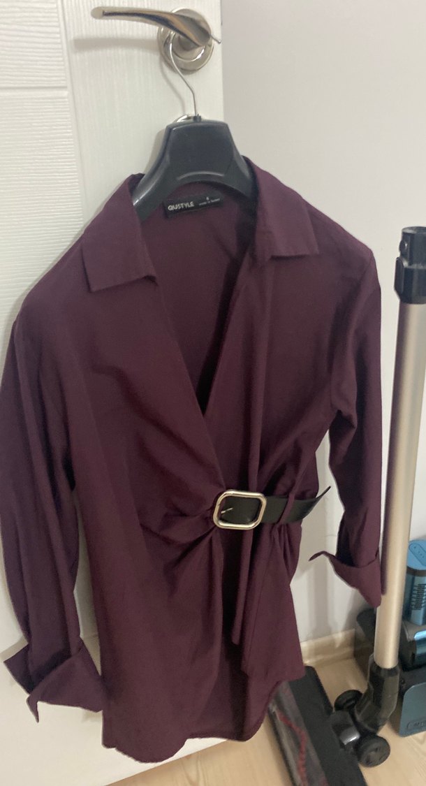 Kemerli Bordo Midi Kadın Gömlek - Görsel 2