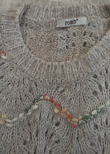 Nakışlı Gri Bohem Örgü Kadın Kazak - Görsel 3