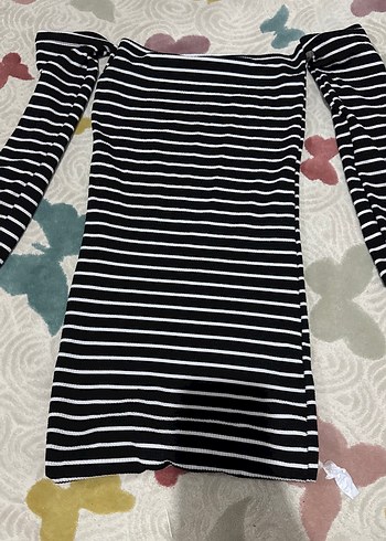 Kadın Siyah Beyaz Çizgili Triko Elbise - Görsel 2