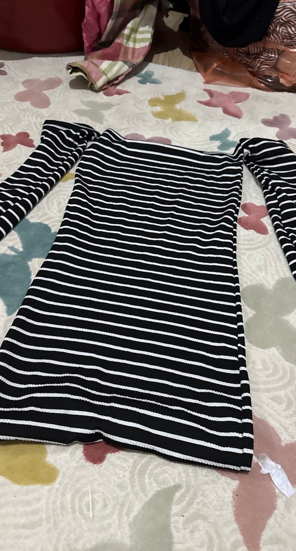 Kadın Siyah Beyaz Çizgili Triko Elbise - Görsel 3