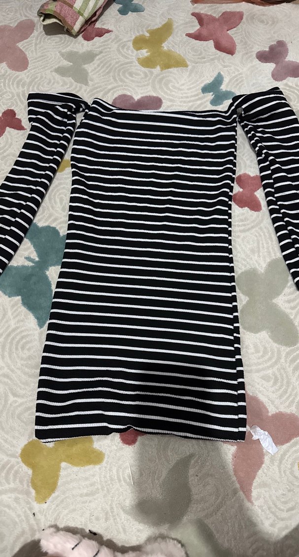 Kadın Siyah Beyaz Çizgili Triko Elbise - Görsel 2