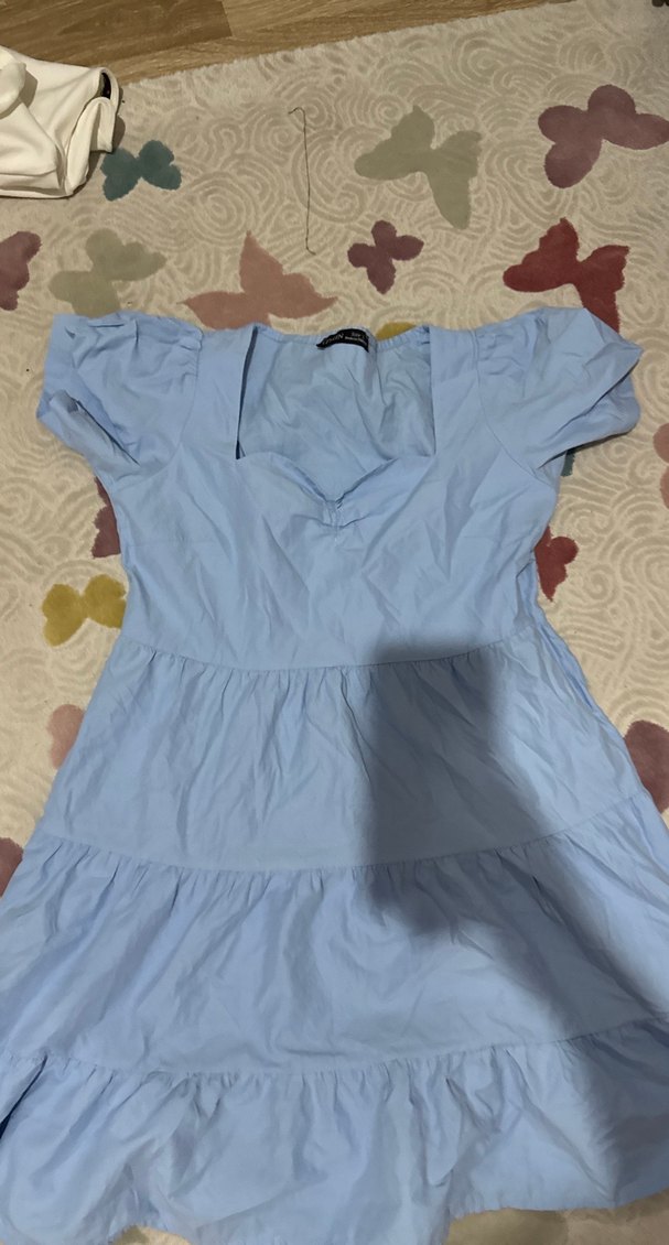 Mavi V Yakalı Fırfırlı Midi Elbise - Görsel 3