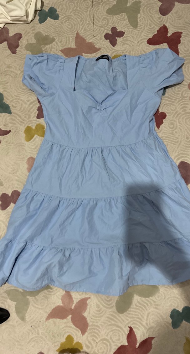 Mavi V Yakalı Fırfırlı Midi Elbise - Görsel 5