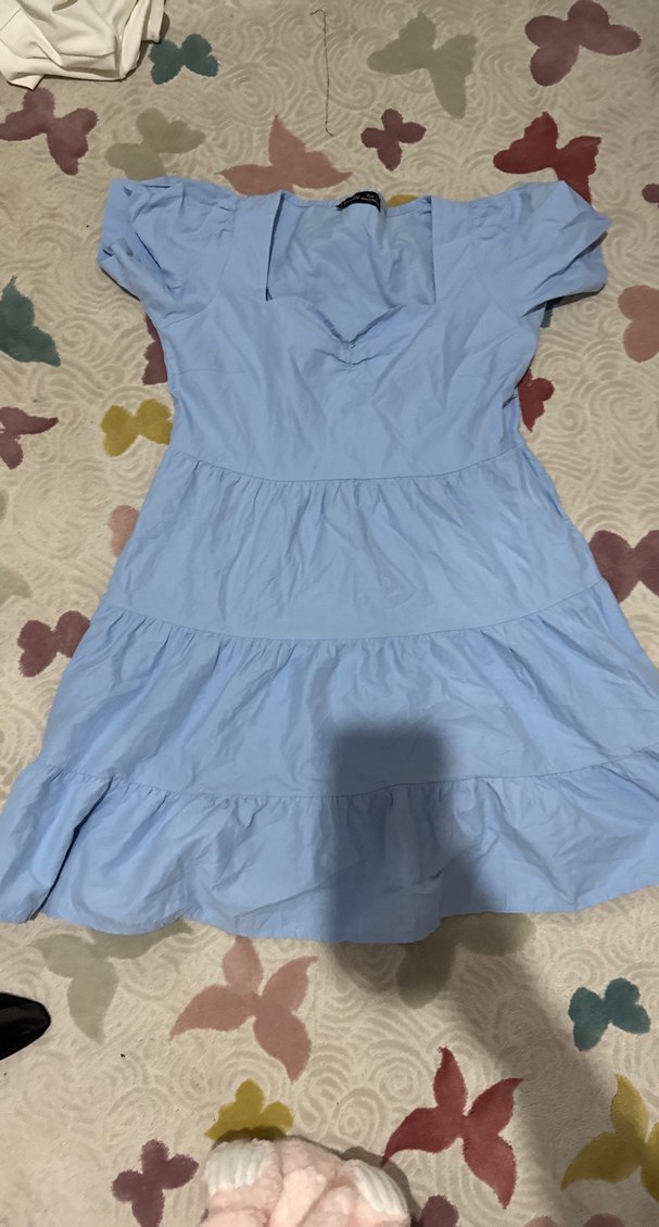 Mavi V Yakalı Fırfırlı Midi Elbise - Görsel 2