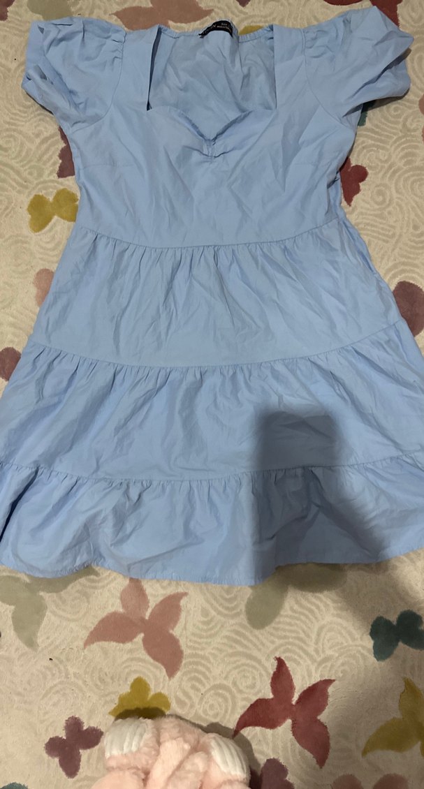 Mavi V Yakalı Fırfırlı Midi Elbise - Görsel 4