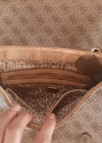 Beden kahverengi Renk Guess orjinal Kadın Bej Deri Baskılı Omuz Çantası