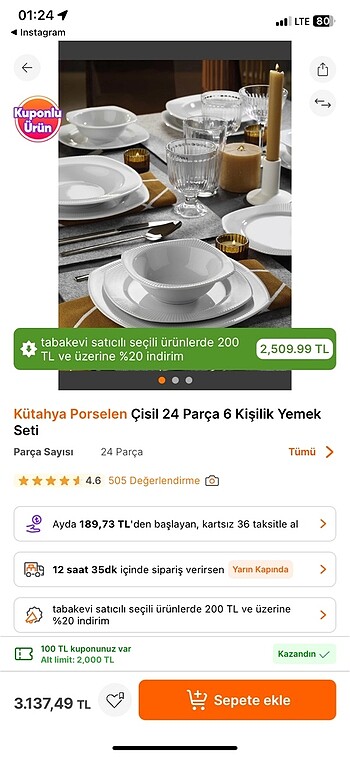 Kütahya 24 parça 6kişilik yemek takımı