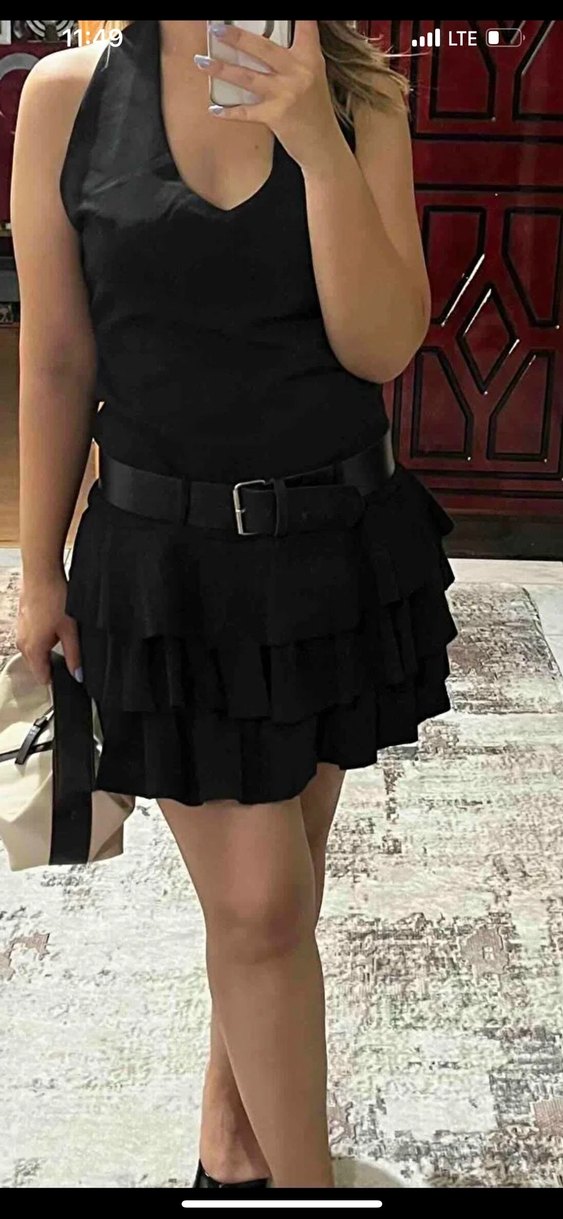 Kadın Siyah Deri Volanlı Mini Elbise - Görsel 3